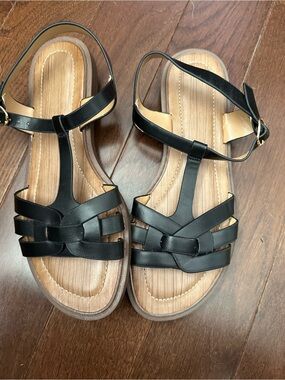 Women's Black T-Strap Braided Sandals with Ankle Buckle